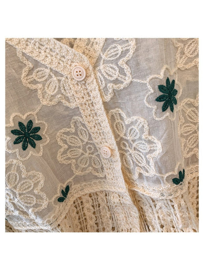 Crosa - V-Neck Hollow Out Floral Knit Cardigan