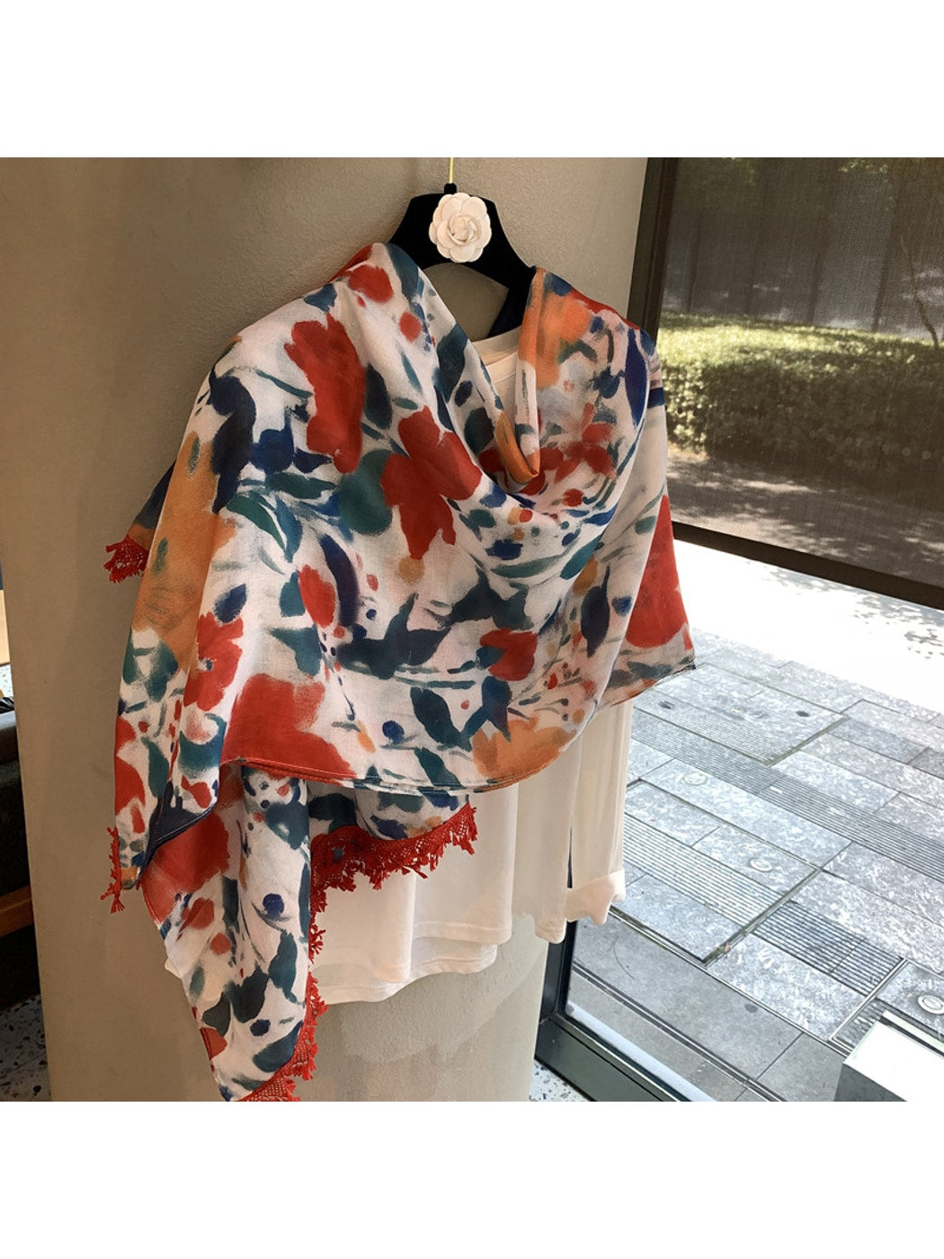 Scarvii - Floral Print Tassel Shawl Scarf