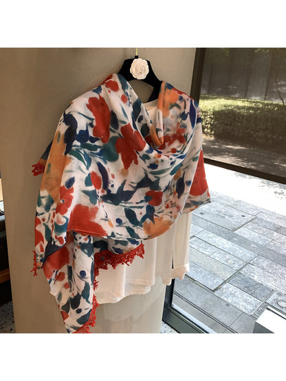 Scarvii - Floral Print Tassel Shawl Scarf