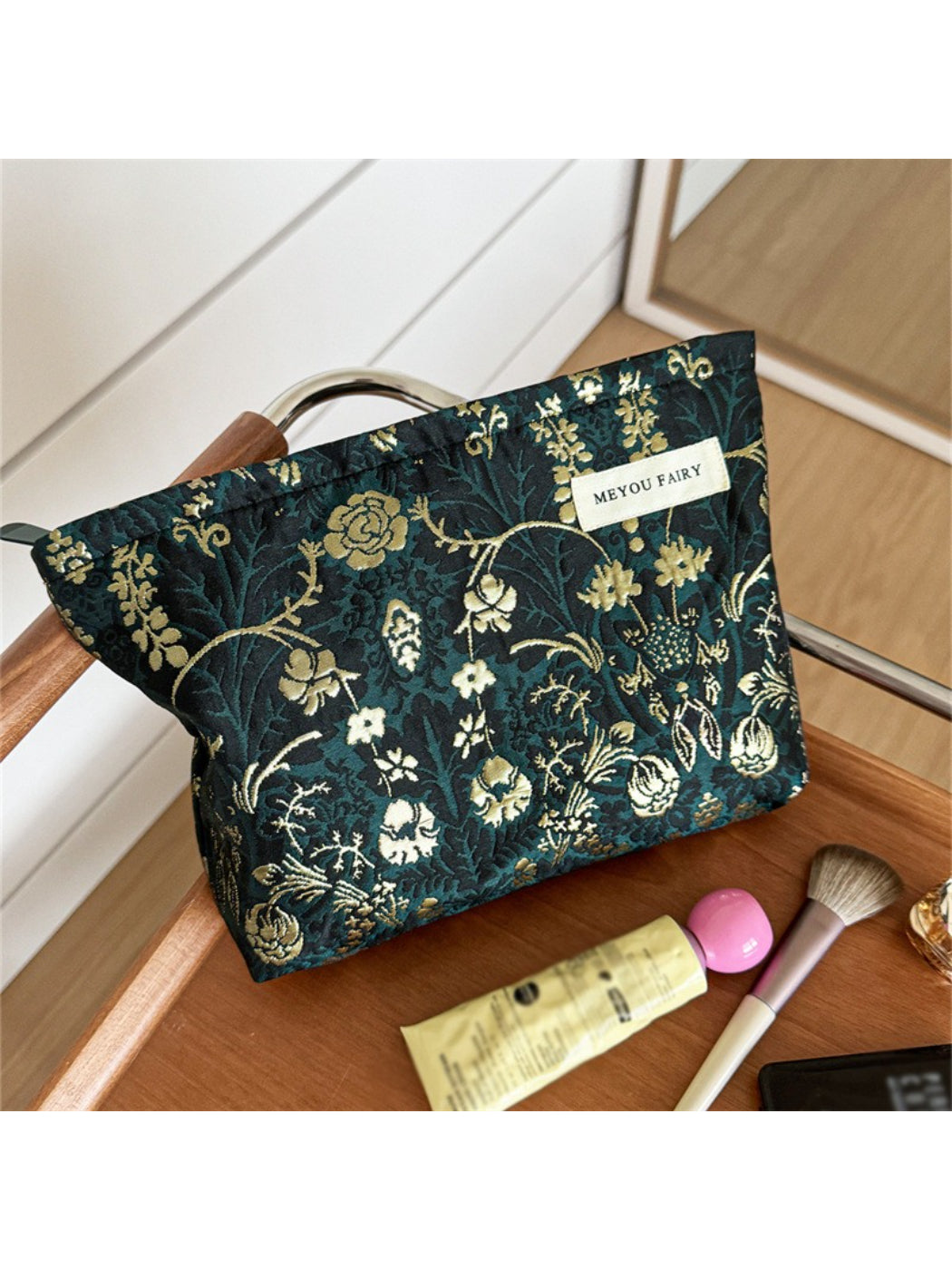 Cosbai dark floral cosmetic bag with a black background and colorful floral pattern
