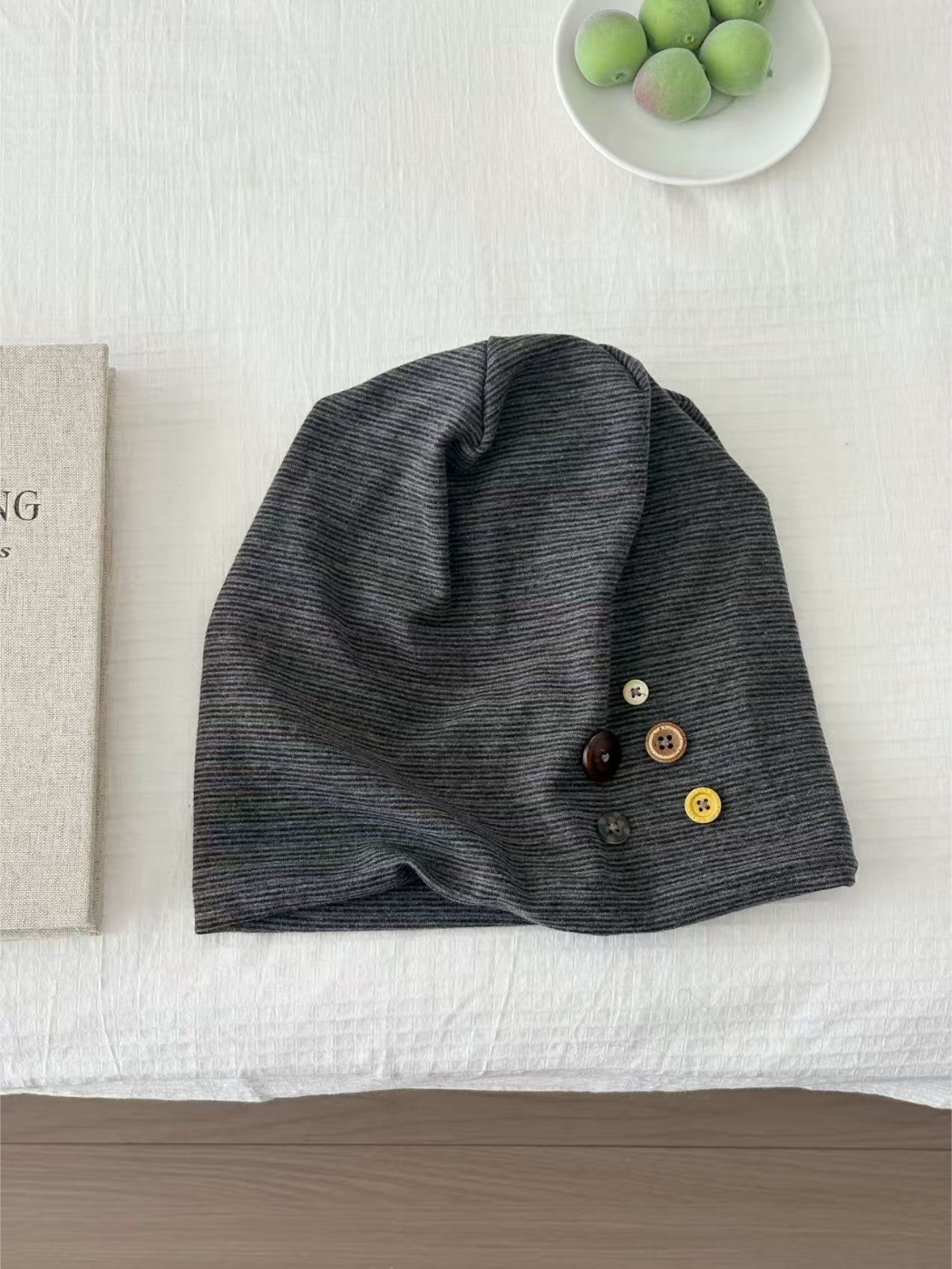 Haila - Button Detail Heathered Slouch Beanie