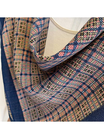 Scarvii - Vintage Check Print Border Tassel Square Scarf