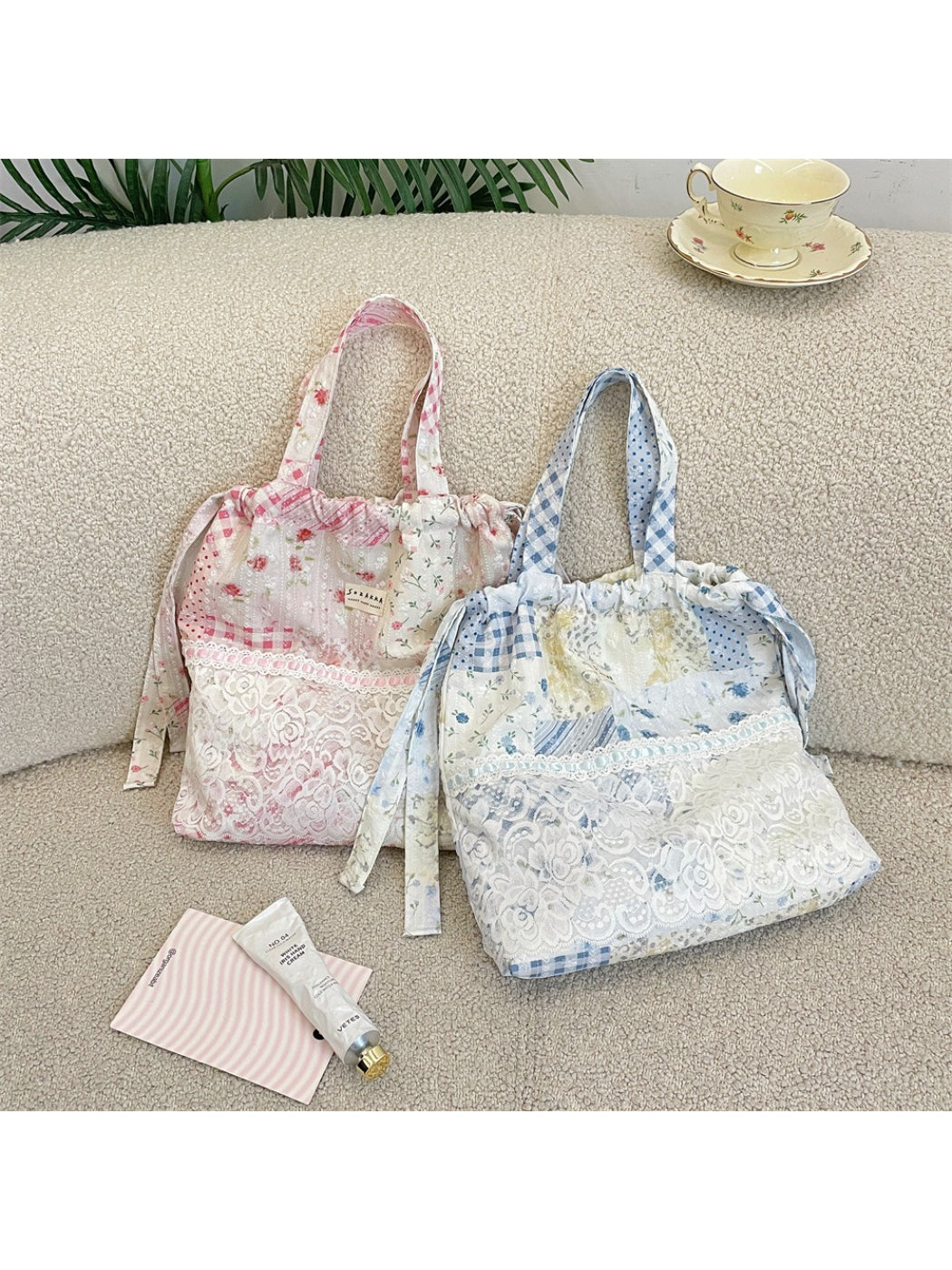 Cosbai Romantic Lace Patchwork Shoulder Tote front view with lace and patchwork design