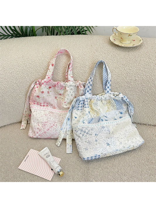 Cosbai Romantic Lace Patchwork Shoulder Tote front view with lace and patchwork design