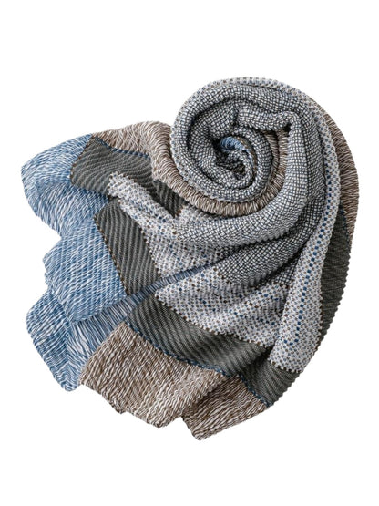 Scarvii woven colourblock wrap scarf styled with casual outfit outdoors
