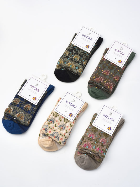 Rufia Embossed Vintage Floral Mid-Calf Socks with floral motif and knit texture