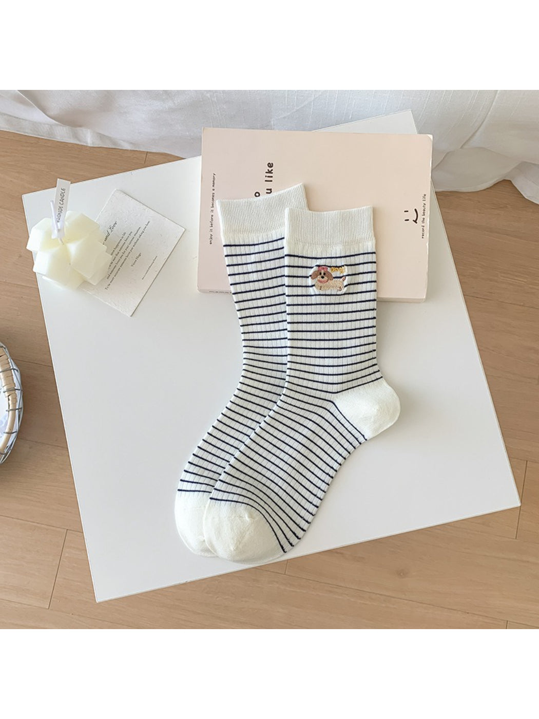 Rufia - Striped Puppy Embroidery Crew Socks