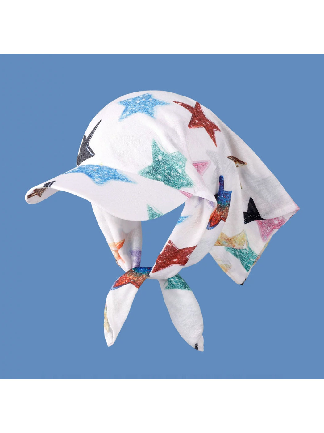 Haila Star Pattern Bandana Cap with white star print on black fabric, front view