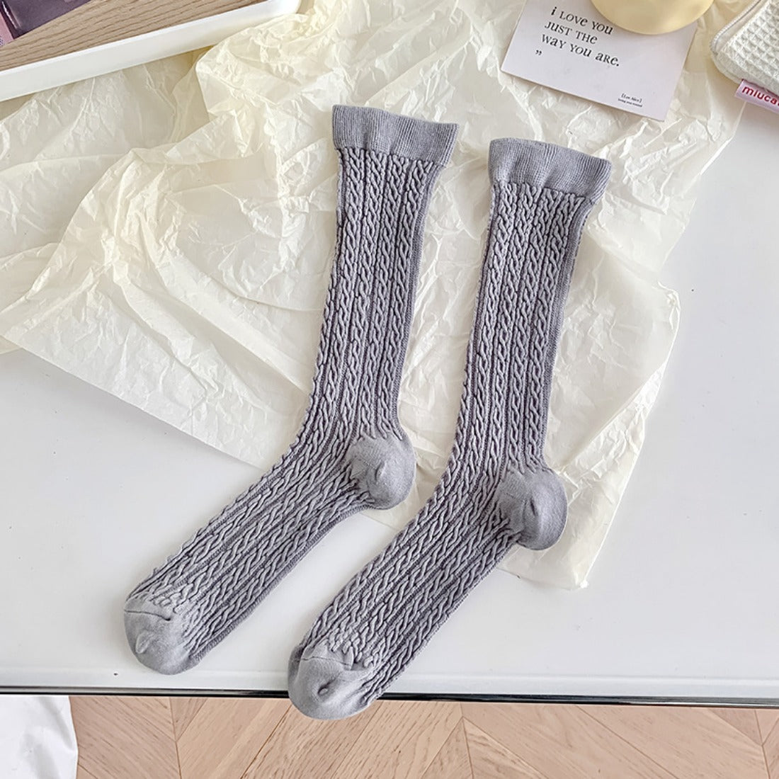 Rufia - Solid Color Cable Knit Striped Crew Socks