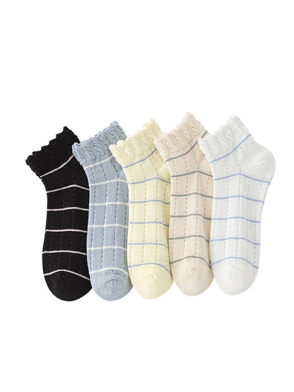 Rufia - Ruffle Cuff Striped Pattern Ankle Socks