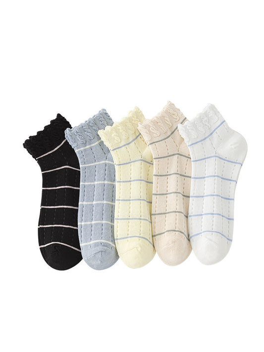 Rufia - Ruffle Cuff Striped Pattern Ankle Socks