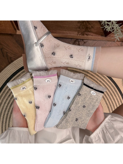 Rufia - Sweet Floral Print Bow Detail Crew Socks