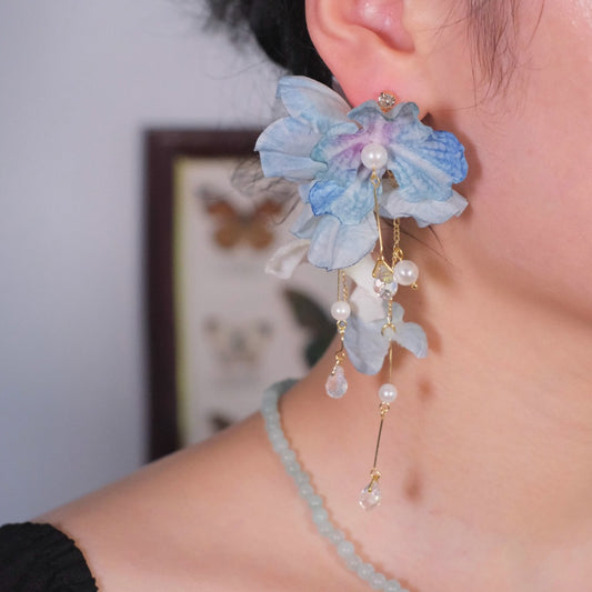 Earwish - Elegant Ocean Blue Floral Long Fringe Earrings