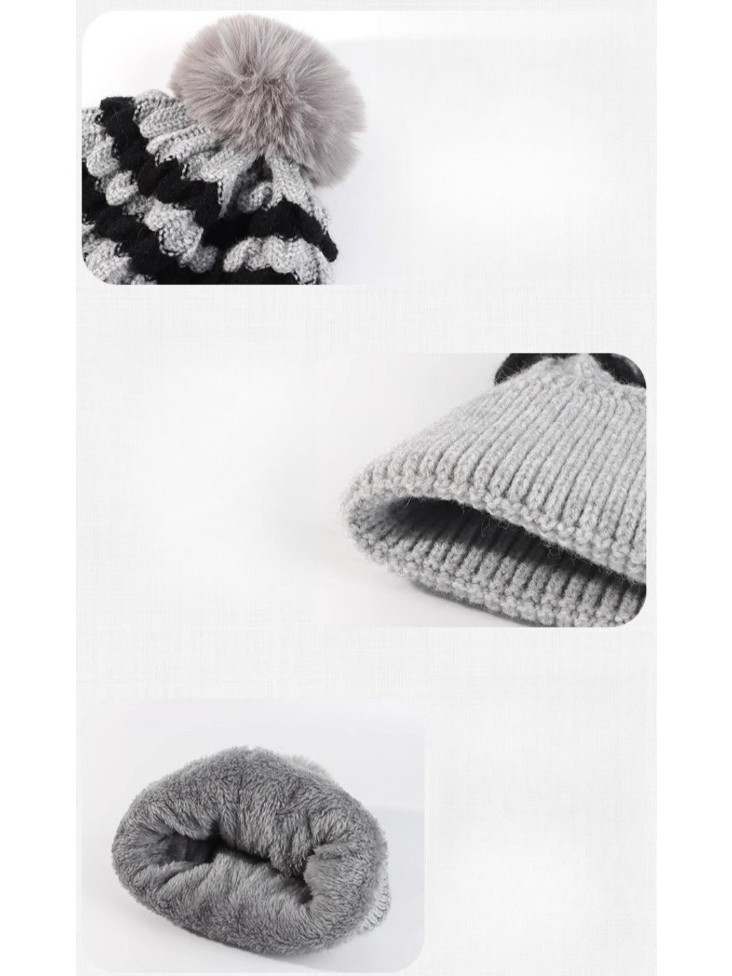 Haila - Women's Striped Fleece Lined Beanie with Pom
