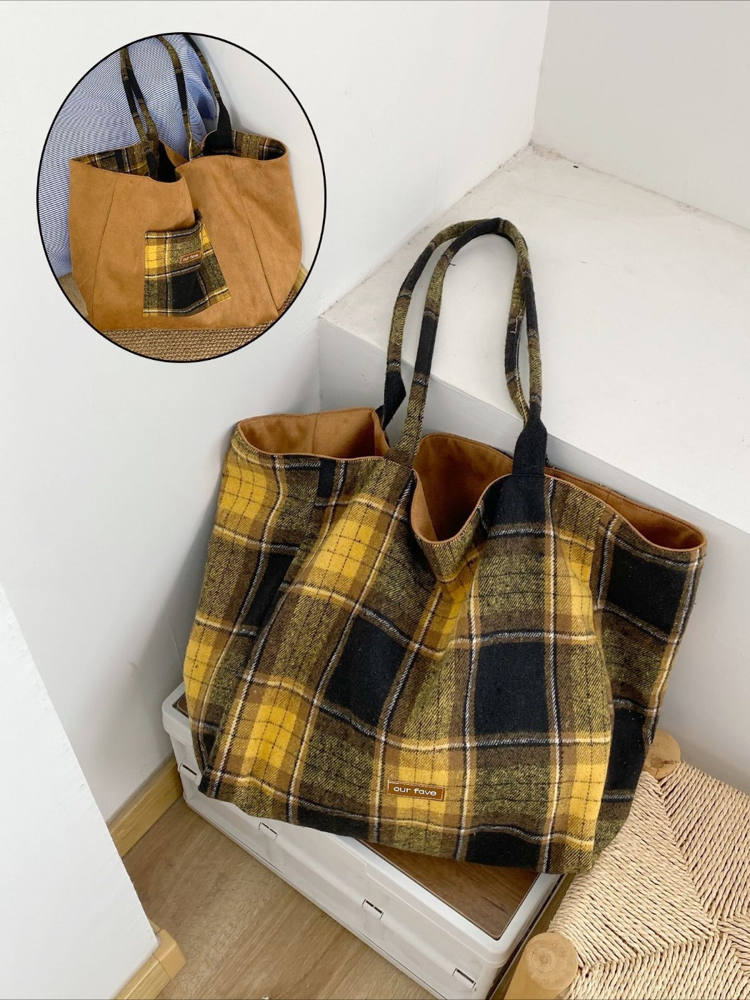 Cosbai – Dual-Side Tote Bag with Plaid Pattern