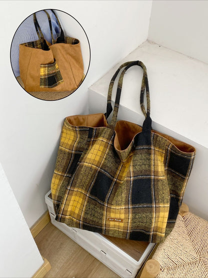 Cosbai – Dual-Side Tote Bag with Plaid Pattern
