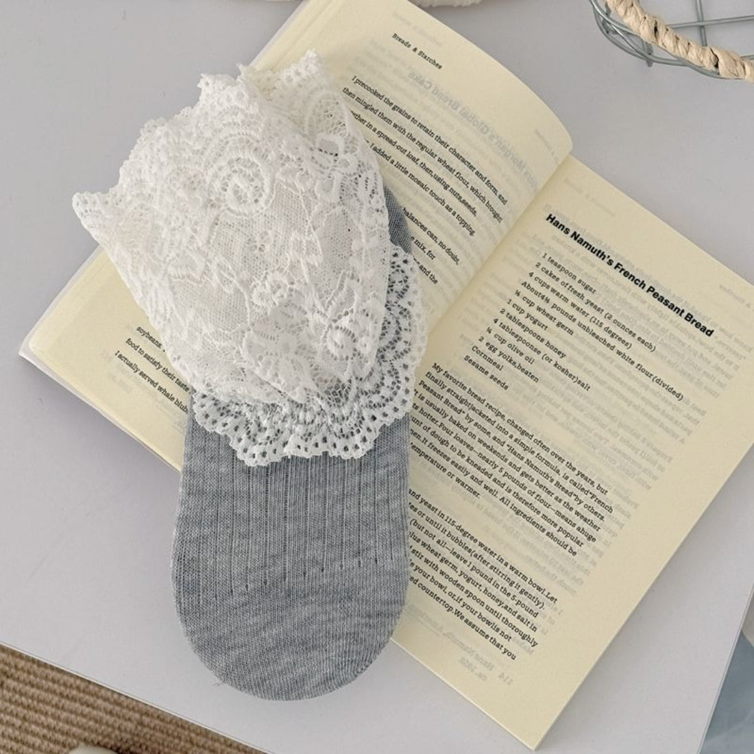 Rufia lace trim crew socks paired with ankle boots in lifestyle setting