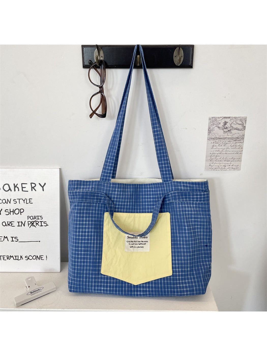 Cosbai - Patchwork Plaid Tote Bag & Shoulder Bag