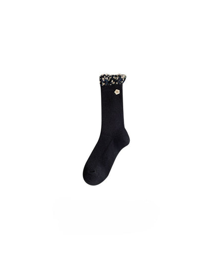 Rufia - Ruffled Floral Trim Crew Socks