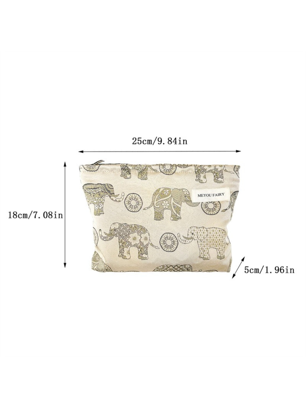 Cosbai cosmetic bag showing side view with elephant print and