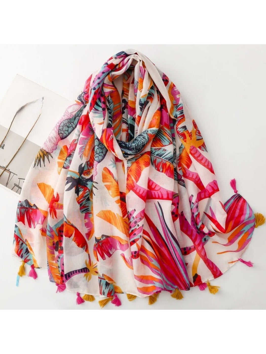 Scarvii - Tropical Bird Print Tassel Wrap Scarf