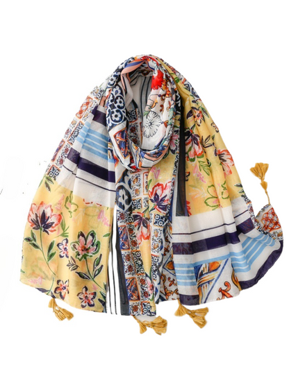 Scarvii - Geometric Floral Print Tassel Scarf