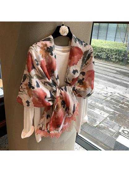 Scarvii - Floral Print Tassel Edge Long Scarf