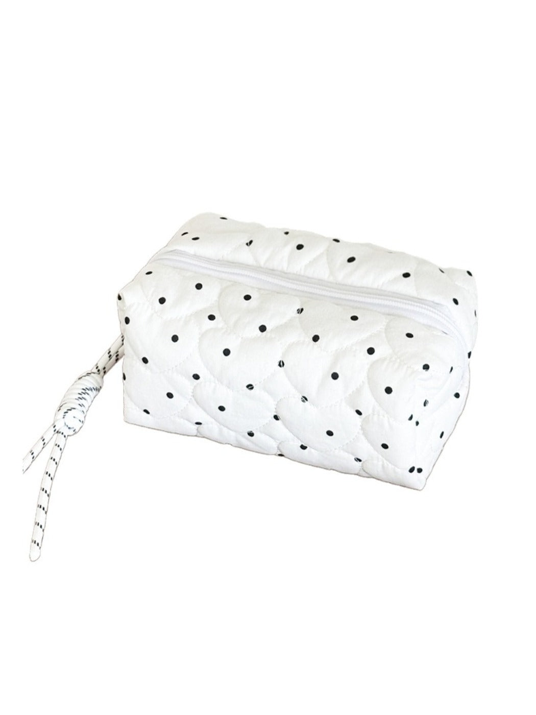 Side angle of Cosbai Quilted Dot Cosmetic Bag showing its shape and texture