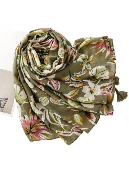 Scarvii - Tropical Botanical Print Tassel Scarf