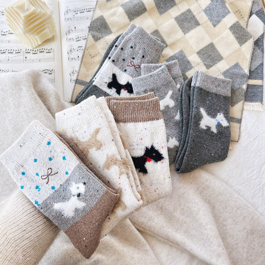 Rufia - Gray and White Dog Pattern Thick Warm Socks