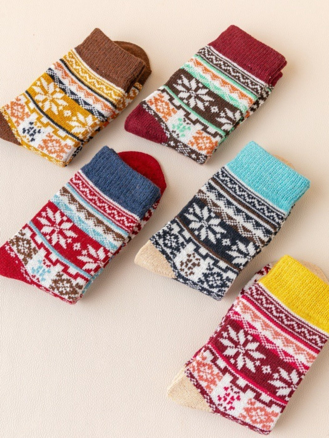 Rufia - Retro Snowflake Thick Mid-Calf Winter Socks - 5 Pairs/Pack