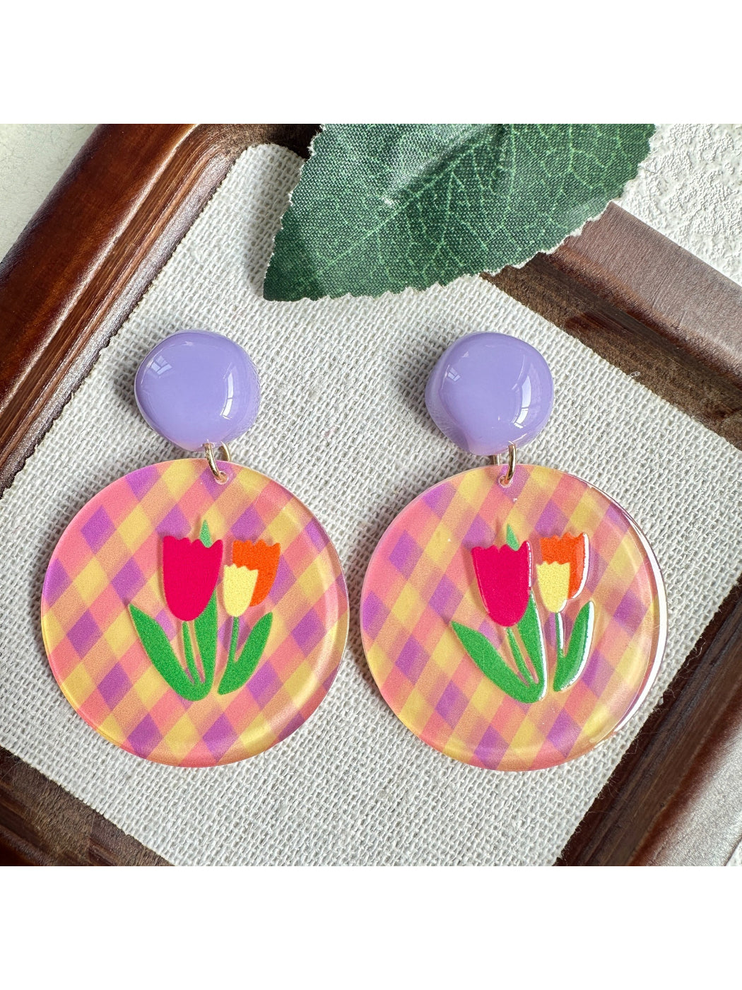 Earwish Tulip Gingham Drop Earrings displayed on a white background