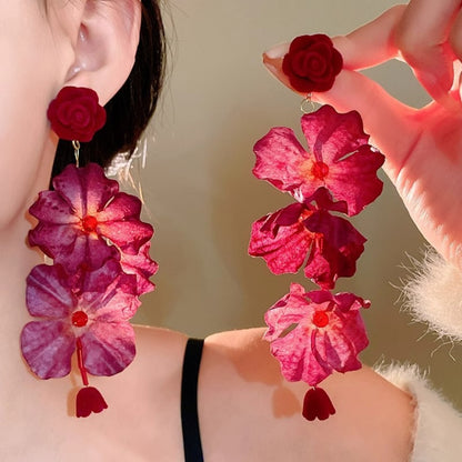 Earwish - Red Rose Floral Long Earrings - Romantic & Vintage