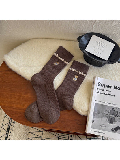 Rufia - Embroidered Animal Ribbed Folded Cuff Socks