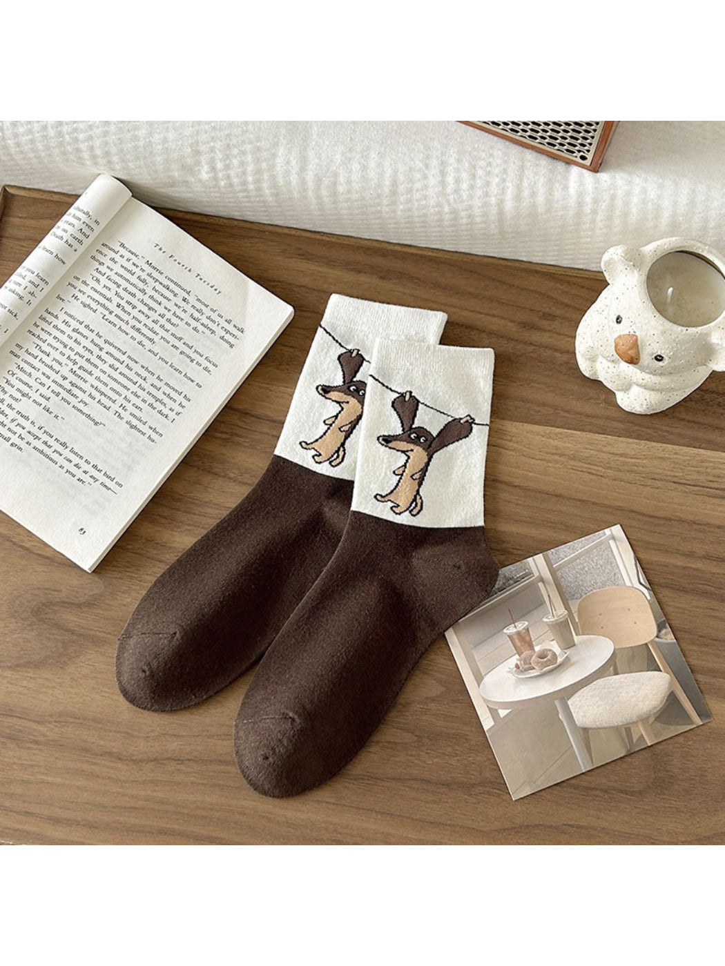 Rufia - Brown Puppy Print Crew Socks