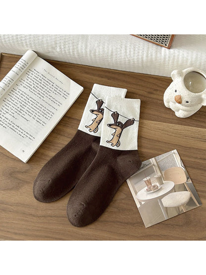 Rufia - Brown Puppy Print Crew Socks