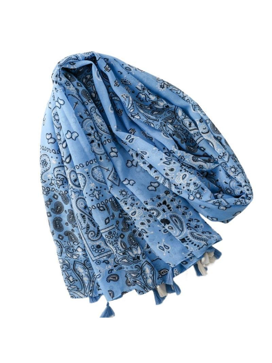 Scarvii Paisley Patchwork Tassel Wrap styled as a shawl with tassels visible on edges