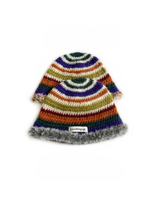 Haila - Retro Stripe Fuzzy Trim Winter Beanie