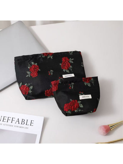 Cosbai - Rose Print Handheld Floral Makeup Bag