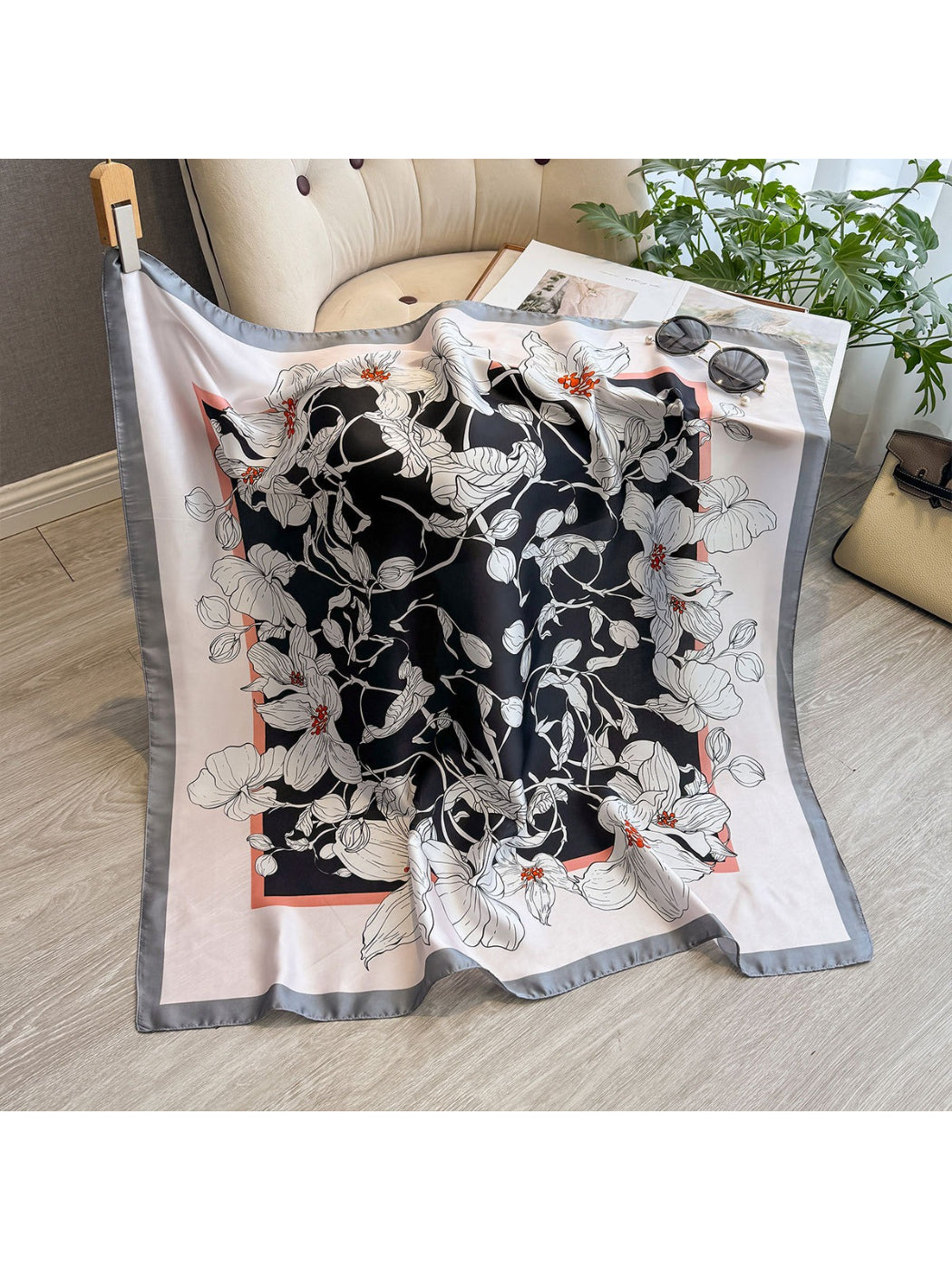 Scarvii - Floral Border Print Square Scarf