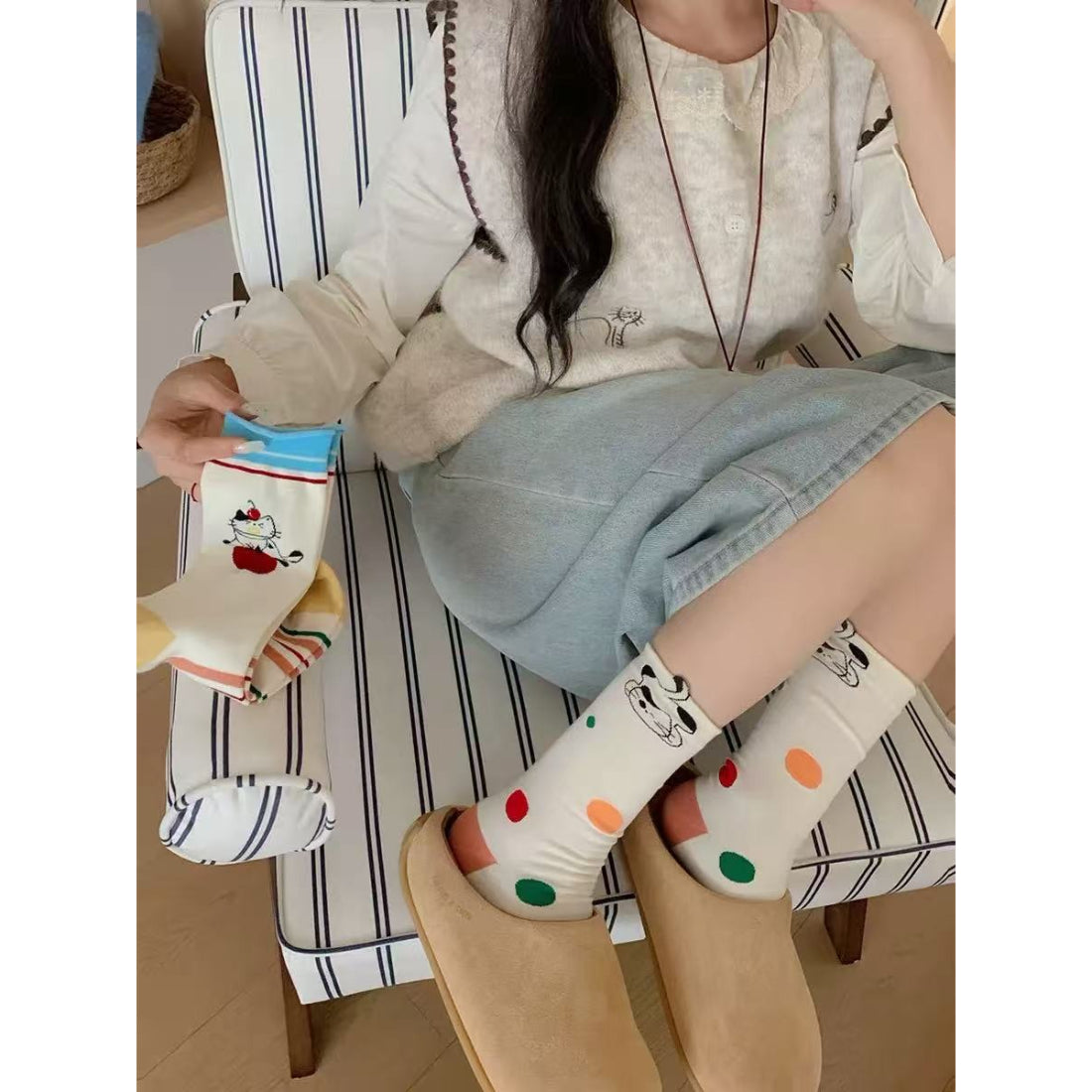 Rufia Dog Cat Stripe Crew Socks worn on feet showing full length and pattern