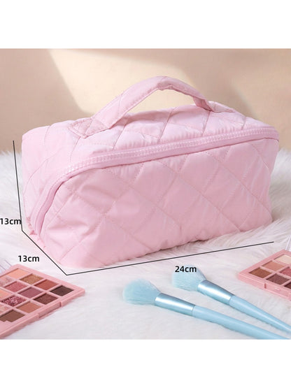 Cosbai portable makeup bag placed upright highlighting its structured design and handle