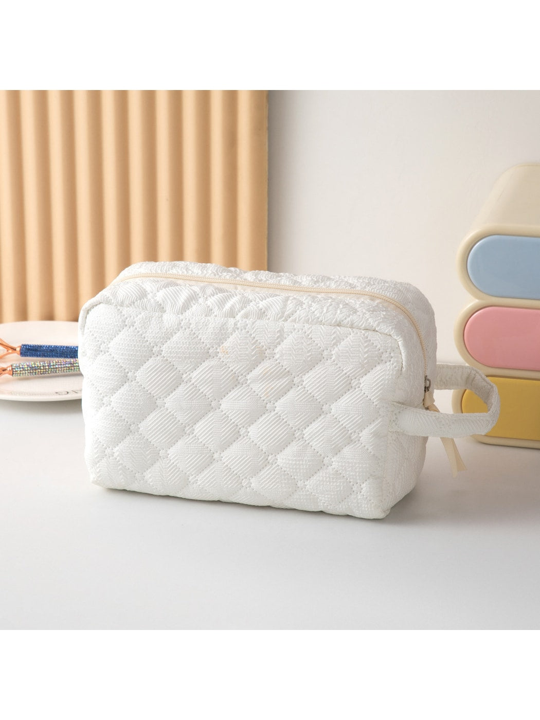 Cosbai - Quilted Plaid Zipper Cosmetic Organizer Bag
