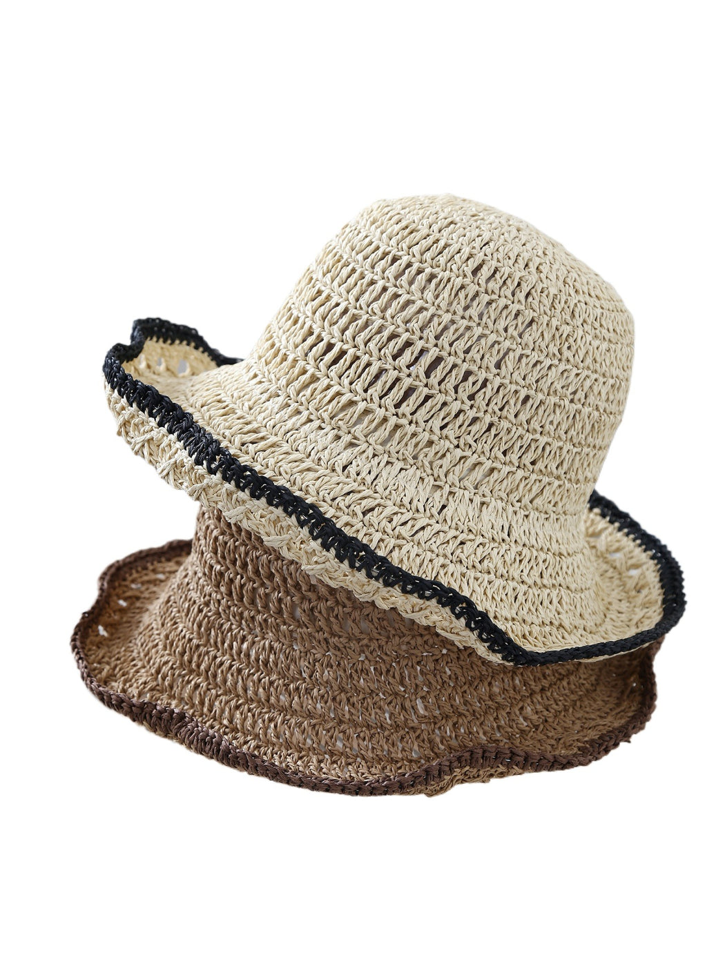 Haila lightweight crochet bucket hat with trim displayed on a white background