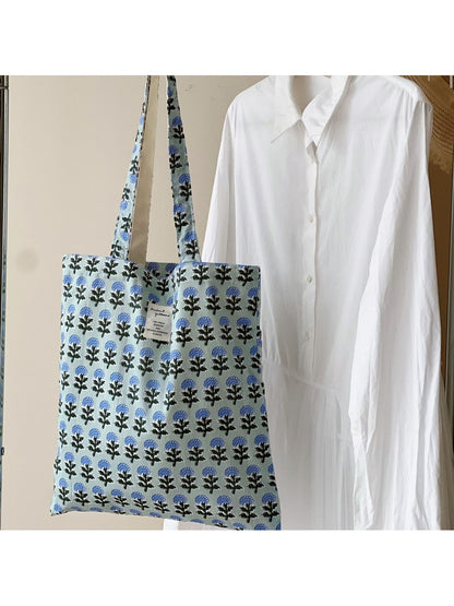 Cosbai - Retro Floral Print Open Top Tote Bag