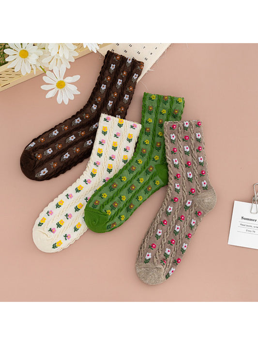 Rufia - Botanical Floral Cable Knit Crew Socks