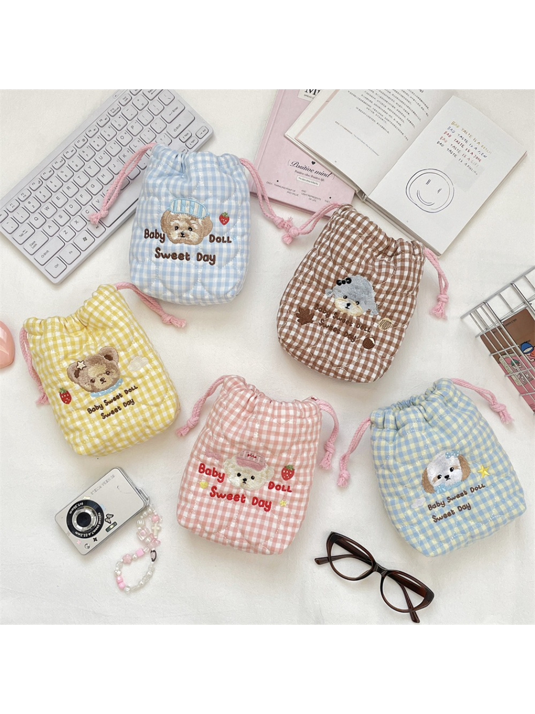 Cosbai - Gingham Bear Drawstring Pouch