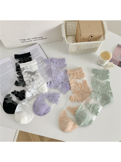 Rufia - Delicate Floral Tulle Crew Sheer Socks