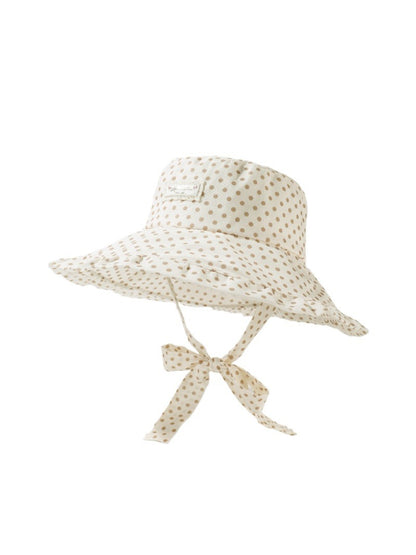 Side view of Haila polka dot hat showing ruffle brim detail
