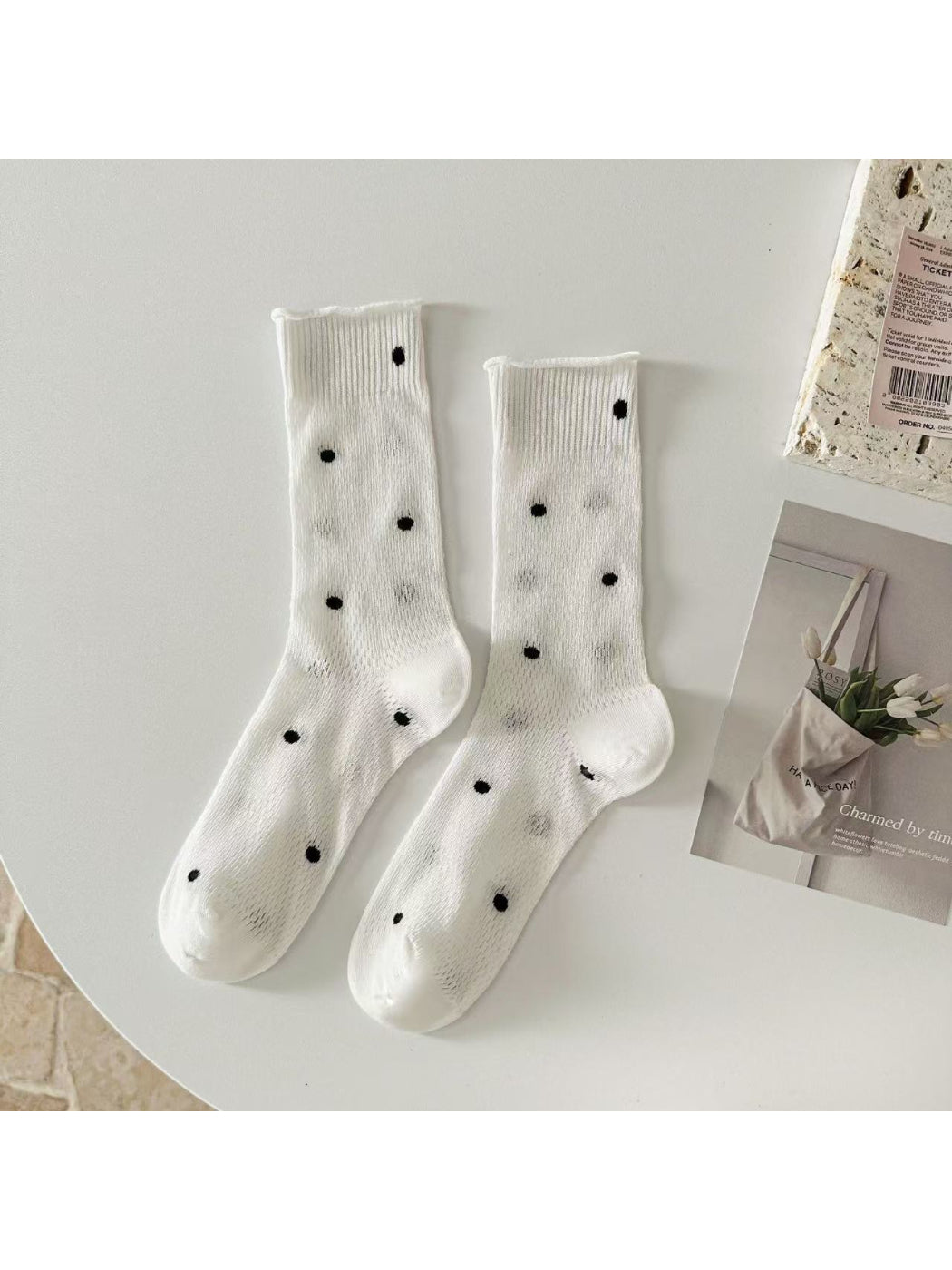 Rufia - Classic Dotted Mesh Knit Crew Socks